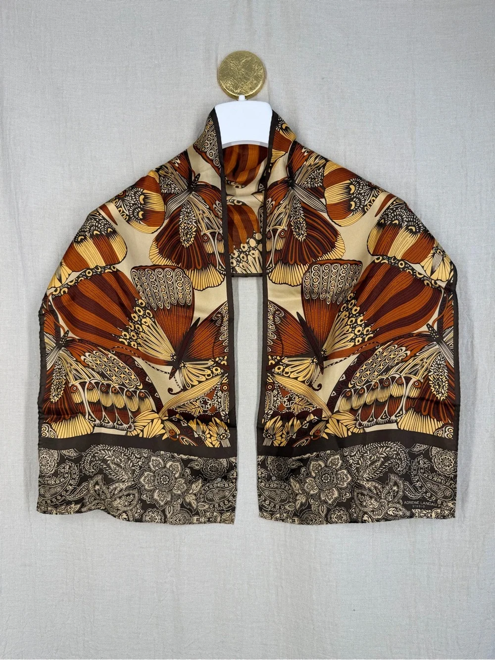 Adrienne Landau Studio 100% Silk Butterfly Scarf Brown Gold
